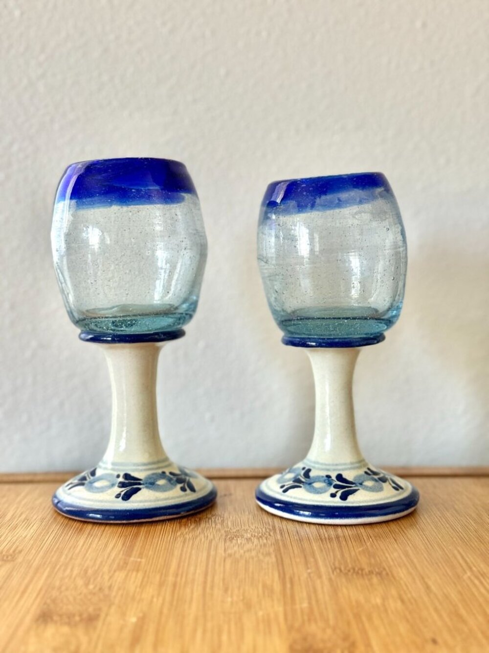 Vintage Early Century Hand Blown Glass Goblets With Talavera Pottery Hand Painte